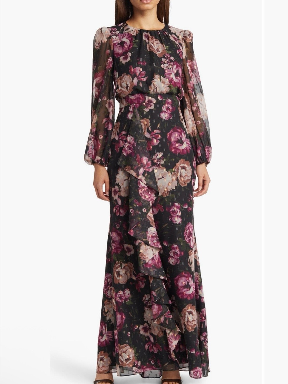 NWT Eliza J Floral Metallic Long Sleeve Maxi Dress Black Pink Purple Sz 4